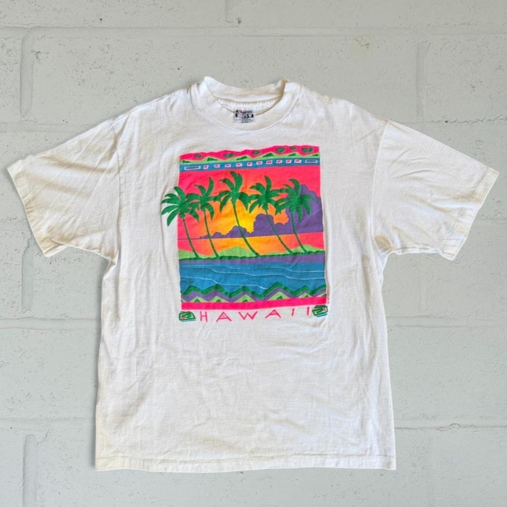 Vintage 90s Hanes Beefy-T Hawaii Puffy Print Graphic T-Shirt White Large USA